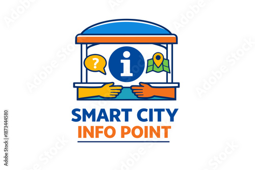 Smart city info point logo with interactive kiosk and location map icons