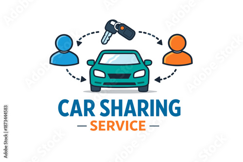 Car sharing service concept with key exchange and cartoon figures