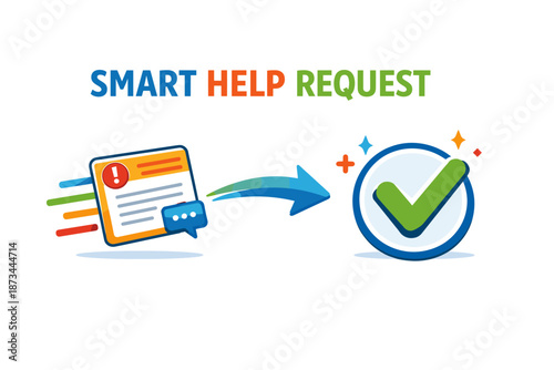 Smart help request concept with colorful icons and checkmark symbol