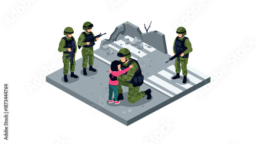 Soldiers protecting civilians in war zone isometric illustration