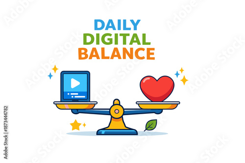 Digital lifestyle balance concept with heart and technology on scale