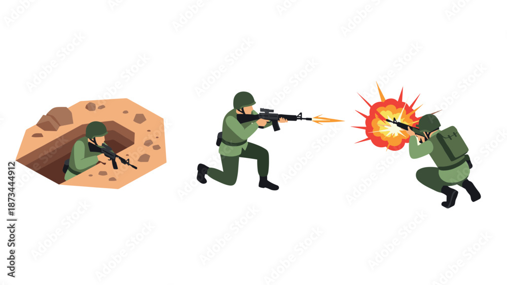 Fototapeta premium Military combat action with soldiers and gunfire in flat design