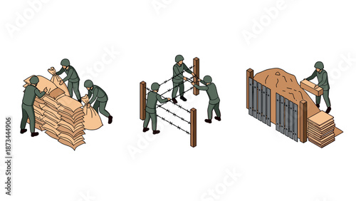 Isometric soldiers building defensive barriers with sandbags and barbed wire