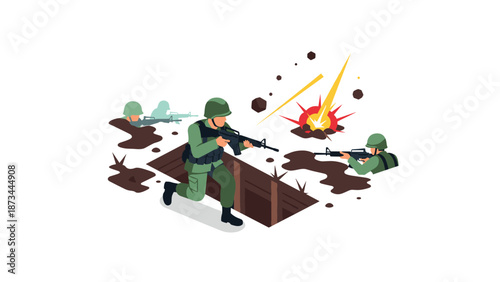 Isometric soldier combat scene with trench warfare and explosions