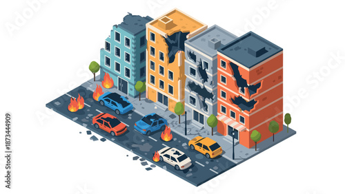 Urban disaster scene with damaged buildings and vehicles in an isometric style