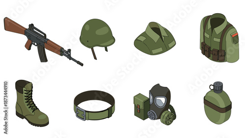 Military equipment collection: helmet, rifle, gas mask, and more in isometric style
