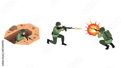 Military combat action with soldiers and gunfire in flat design