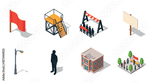 Isometric construction and event icons: flags, barricades, buildings, and more