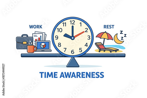 Balancing work and rest concept with clock and symbols of productivity and relaxation