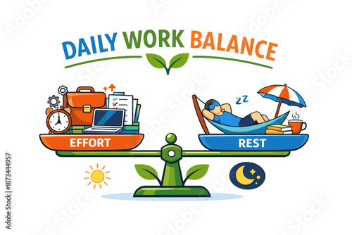 Daily work balance concept with effort and rest on scales