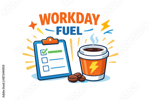 Workday motivation: energizing coffee cup and productivity checklist illustration