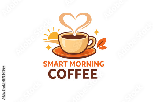 Smart morning coffee logo with heart-shaped steam and sun illustration