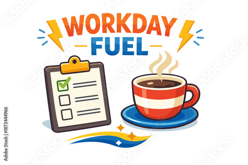 Workday fuel: coffee cup with checklist and colorful design elements