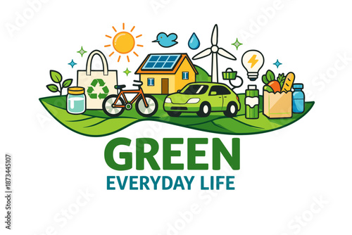 Eco-friendly lifestyle concept: sustainable living with renewable energy and conservation