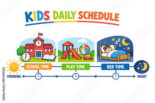 Kids daily schedule: morning to night routine with school, play, and bedtime