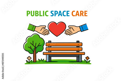 Public space care: hands holding heart over park bench and tree illustration
