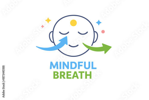 Mindful breath logo with smiling face and arrows symbolizing relaxation and focus