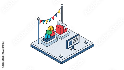 Isometric festival market stall with colorful boxes and decorations