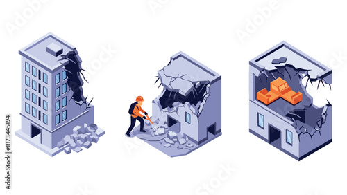 Isometric buildings collapse with worker demolition scene