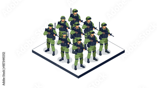Isometric military squad in formation with tactical gear and weapons