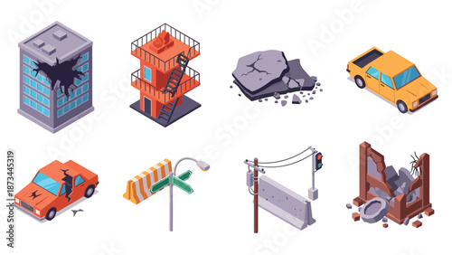 Isometric urban damage set: buildings, vehicles, road signs in distress