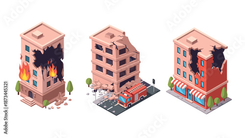 Isometric buildings with fire and earthquake damage scenes