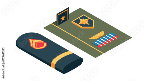 Military rank insignia and badge isometric style design elements
