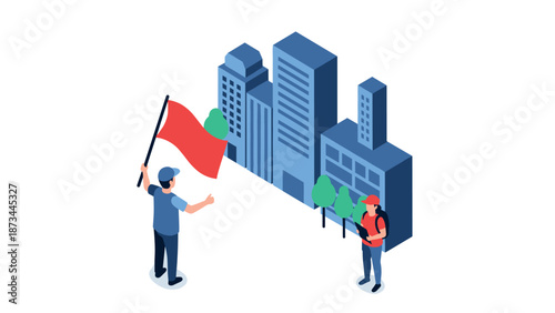 Isometric urban exploration: two people navigating cityscape with red flag