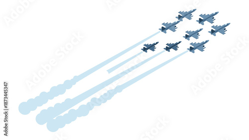 Isometric formation of military jets with smoke trails in sky