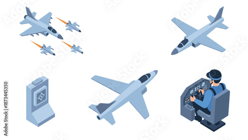 Isometric military aircraft and pilot control room illustration with jet planes