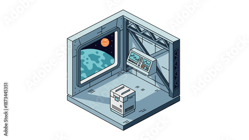 Isometric moon base interior with control panel and earth view