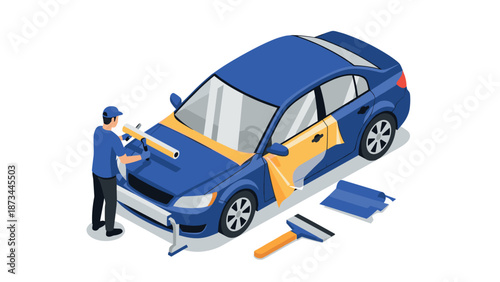 Isometric car wrapping service with worker applying vinyl to blue vehicle