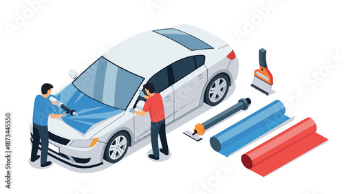Car window tinting process with tools and materials in isometric style