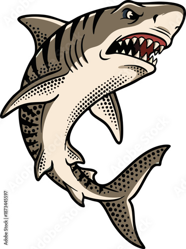 Clean Simple Tiger  Shark Vector Classic American Traditional Shark Flash Design Tattoos, Stipple Dot Shading Sharks SVG. Also see Great White, Tiger Shark, Mako Sharks. Cricut crafts Vinyl cutter