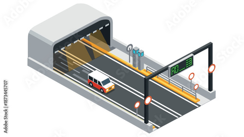 Isometric road tunnel with traffic signs and car on highway