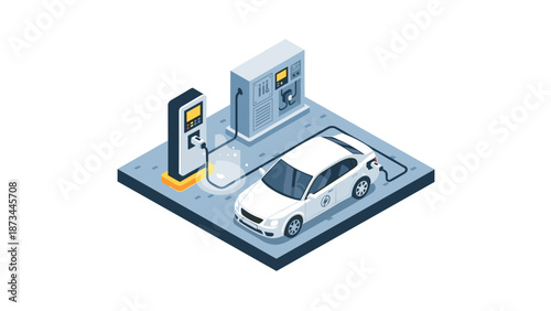 Isometric electric car charging station on modern platform