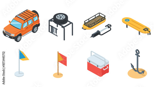 Isometric camping gear collection with suv, kayak, and accessories