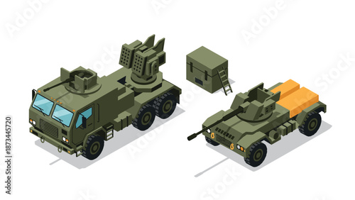 Isometric military vehicles in camouflage on white background