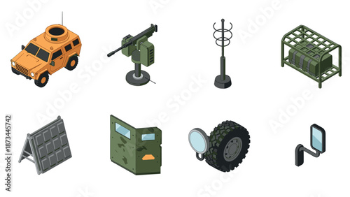 Isometric military equipment set with vehicle, weapons, and accessories