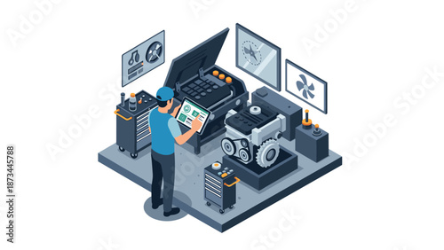 Isometric workshop with mechanical engineer designing engine prototype