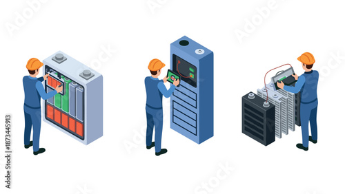 Isometric engineers inspecting batteries and electrical panels