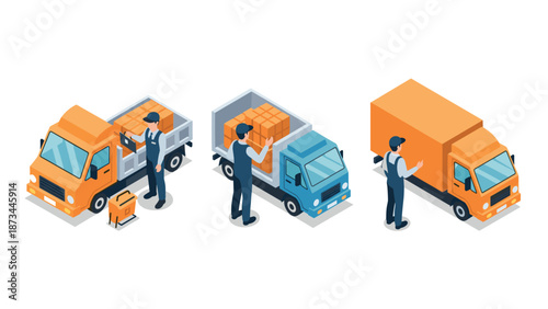 Isometric delivery trucks and workers with packages in motion