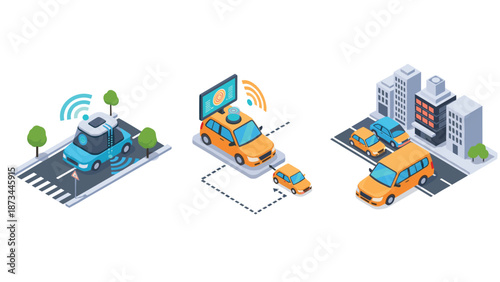 Isometric smart city with autonomous vehicles and urban connectivity