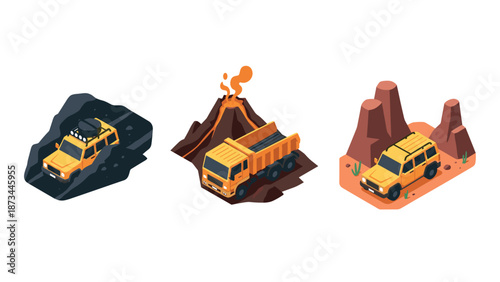 Isometric trucks in volcanic and rocky terrains