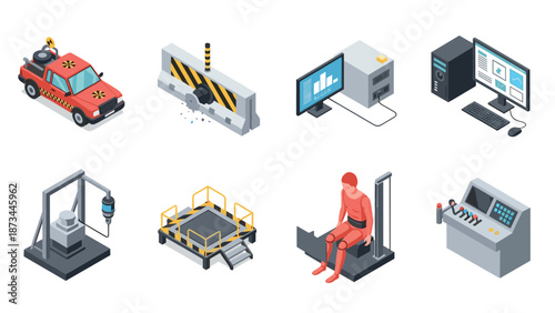 Isometric industrial set with safety equipment and computers in modern factory design