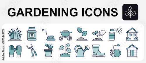 Gardening, icons, vector, illustration, sketch, outline, plant, pot, watering, can, lawn, mower, shed, glove, boot, fruit, fertilizer, spray, nature, tools