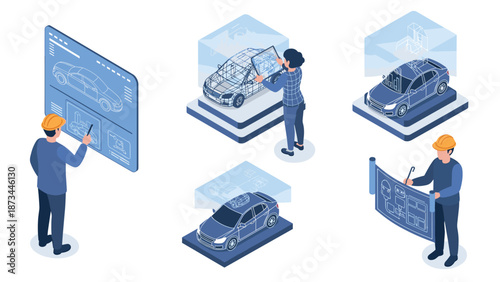 Isometric design process of a car with engineers using digital tools and blueprints