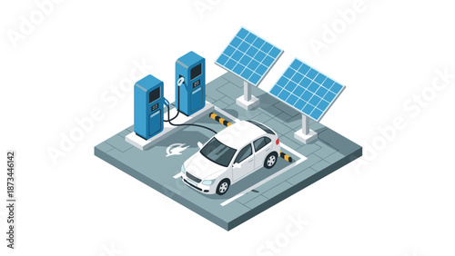 Electric vehicle charging station with solar panels in isometric style