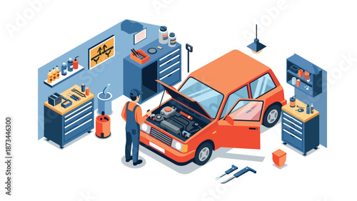 Isometric garage scene featuring mechanic working on car in modern workshop setting