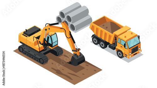 Construction site isometric design featuring excavator and dump truck with pipes